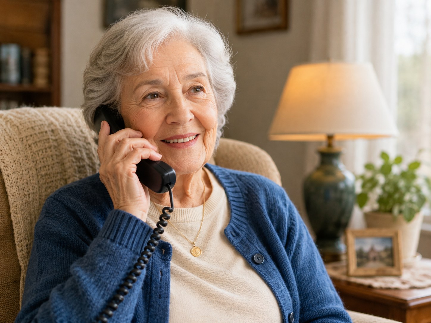 Personne répondant sereinement au téléphone chez elle